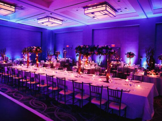 Decorated banquet hall with flowers, rectangle table, chiavari c